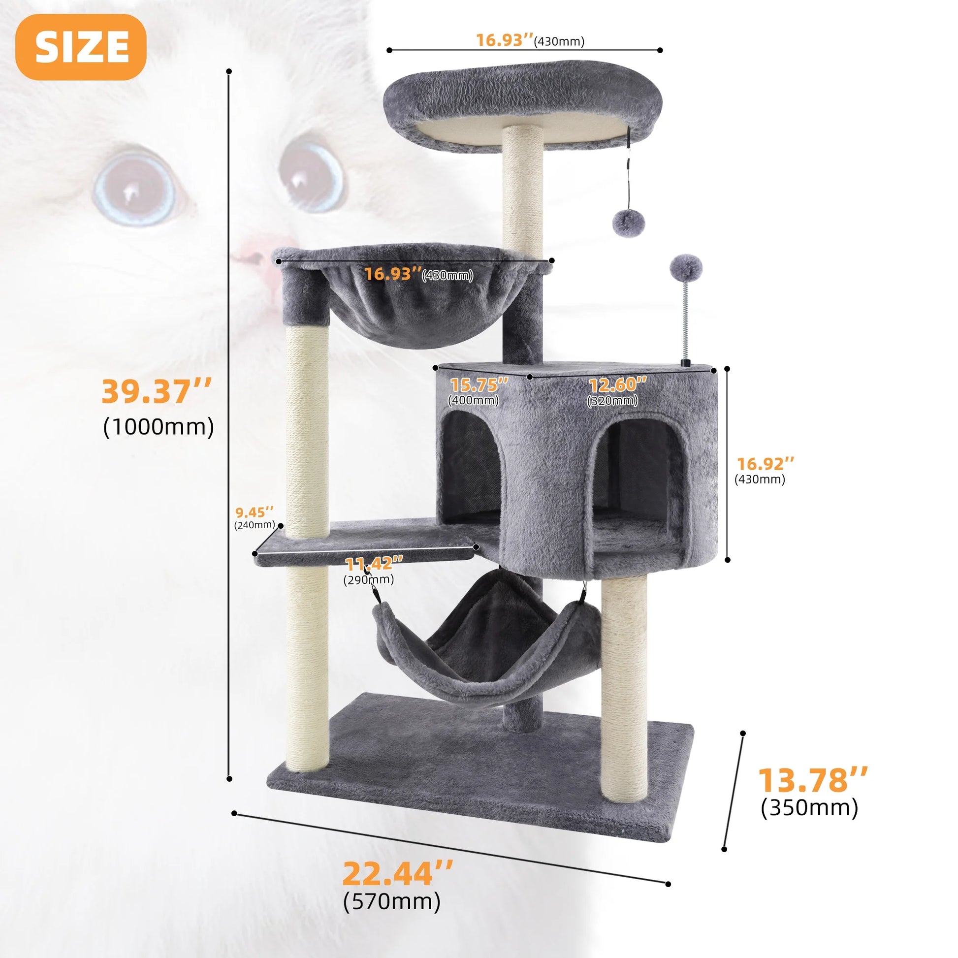 39.37" Cat Tree Cat Tower with Cat Condo and Big Hammock for Indoor Small Cats,Grey