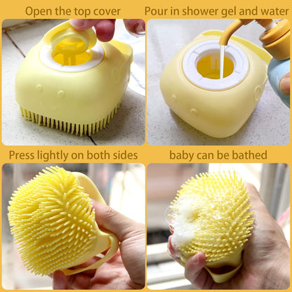 Dog Bath Brush, Pet Massage Brush Shampoo Dispenser, Soft Silicone Brush Rubber Bristle for Dogs and Cats Shower Grooming (Yellow)