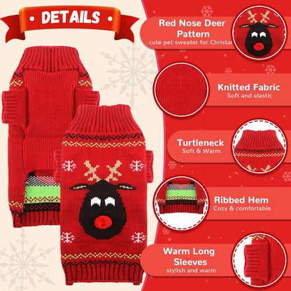 Ugly Christmas Dog Sweater Reindeer Xmas Dog Outfits Pet Dog Holiday Costumes Red Puppy Cat Winter Knitwear Clothes Turtleneck Warm Jumper Clothes for Small Medium Large Dogs(Red,S)